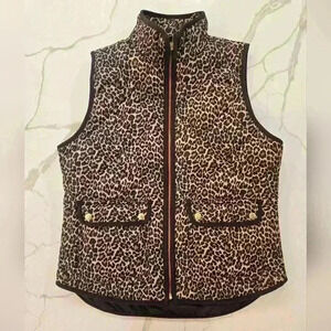 J. Crew Quilted Leopard Print Puffer Vest Full Zip Brown Black Womens Size Small